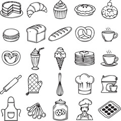 BAKERY AND KITCHEN TOOLS LINE ICONS SET FOR PASTRY DESIGN
