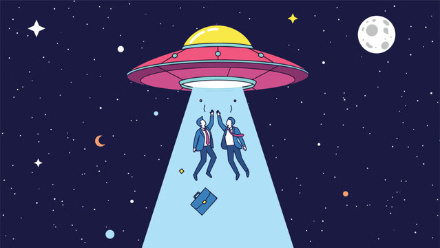 Surreal and humorous illustration of a flying saucer ufo beaming up two businessmen in suits amidst a starry space background with the moon.