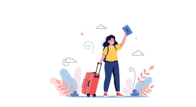 Happy young woman traveler holds a passport and pulls a red suitcase, surrounded by decorative floral elements and clouds, symbolizing a new journey.