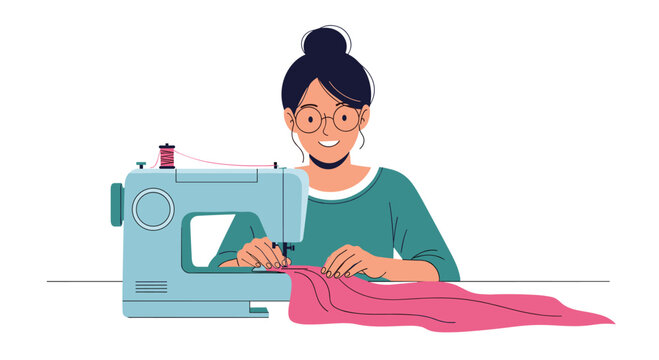 Creative woman with glasses sits at a desk and uses a blue sewing machine to work on a piece of pink fabric, illustrating a home tailoring project.