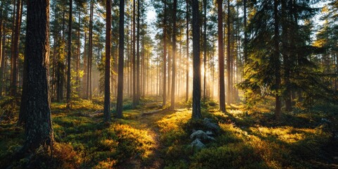 Naklejka premium Serene Forest Scene with Sunlight Filtering Through Tall Trees Creating a Tranquil Atmosphere in Nature's Embrace at Dawn