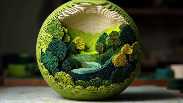 Paper Art Globe of Forests and River. Felt fabric art. Save the World.
