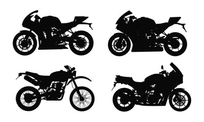 Obraz premium Sport motorcycle silhouettes set, racing superbike and dirt bike vector illustration isolated black icons for transport speed design