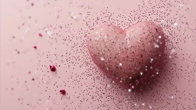 Pink heart with glitter on a pink surface. Valentine s day concept for love and romance decoration.