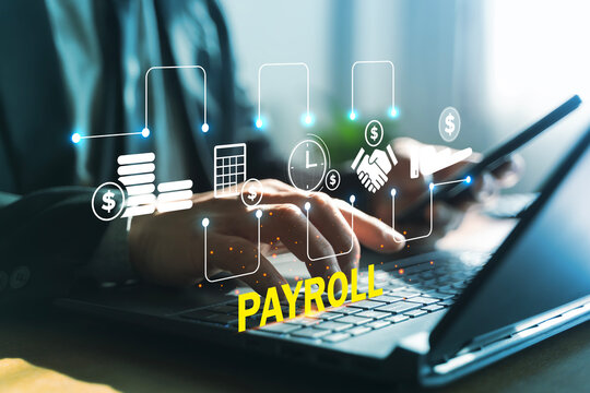 Payroll Processing and Salary Payment System Concept with Laptop and Digital Finance Icons
