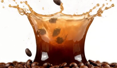 A video showcasing coffee beans falling onto a pile of coffee beans on a white background