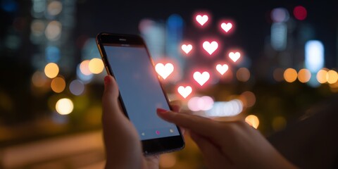 Hands holding smartphone with social media reaction icons for likes and hearts floating in night urban environment, symbolizing online interaction and engagement