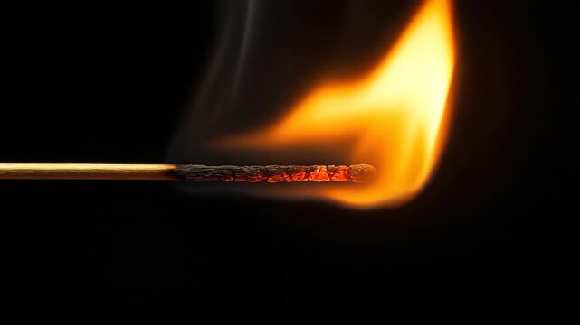 Burning match sequence shows matchstick igniting and flame growing, illustrating energy, combustion, and fire safety concept