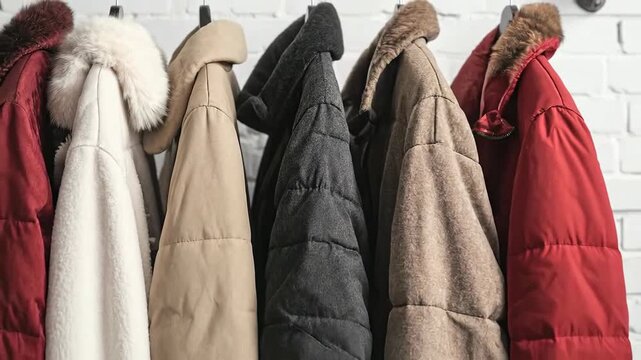 Various winter coats hanging on a l rack against a white brick wall.