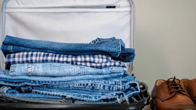 Open suitcase packed with folded denim jeans and a checkered shirt, ready for travel.
