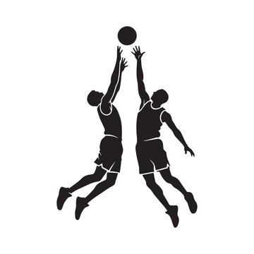 Two basketball players jumping for a tip-off in a competitive game match, vector illustration