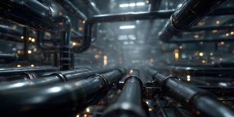 Intricate Network of Industrial Pipes with Detailed Textures and Atmospheric Lighting in a Machinery Environment