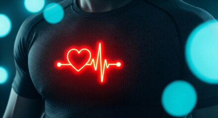 Glowing neon heart rate monitor display on an athletic man's chest.