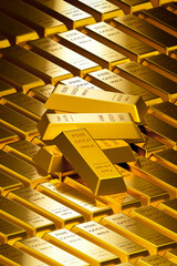 Gold bullion bars, Gold Ingot. Concept of business on gold price exchange rate of world gold market, and precious metal investment as a store of value. Vertical 3D illustration