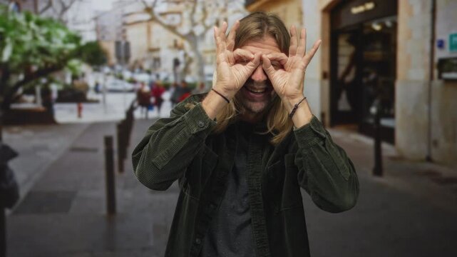 Blond man with long hair making hand binoculars gesture and smiling on busy street; curiosity discovery.