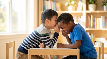 Diverse elementary students whispering secrets sharing funny gossip inside bright classroom library happy Asian African American boys laughing together friendship concept
