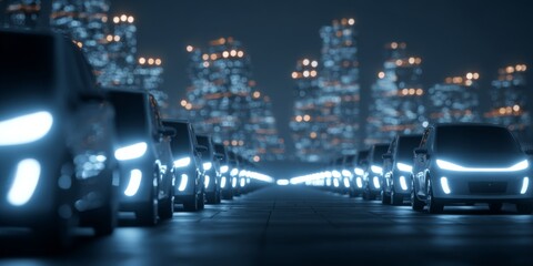 Futuristic City Scene with Cars Under Neon Lights Featuring Urban Landscape at Night with Reflections in a Modern Metropolis Environment