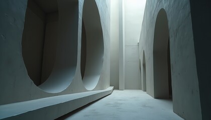 Abstract Architectural Space With Circular Openings And Natural Light Illuminating Concrete Walls And Floor In A Modern