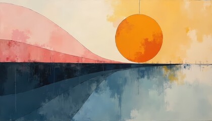 Vibrant Abstract Sunset Over Reflective Water With Textured Hills And Warm Golden Sun Glow Illuminated Landscape