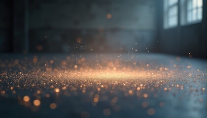 Dust motes sparkle with golden light in a dimly lit industrial loft with large windows casting dramatic shadows across the