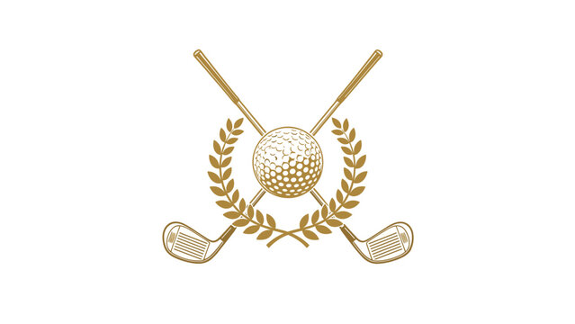 Vintage style gold golf emblem featuring crossed clubs, a dimpled golf ball, and a decorative laurel wreath border.