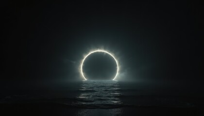 Mystical glowing ring over dark ocean water at night with reflection and stars in sky