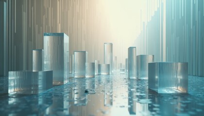 Abstract Crystal Cityscape with Geometric Structures and Soft Golden Light Refracting Through Transparent Cubes in a Futuristic