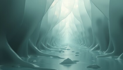 Abstract Ice Cave Tunnel With Reflective Water and Ethereal Light Illuminated Crystal Formations Serene Winter Landscape