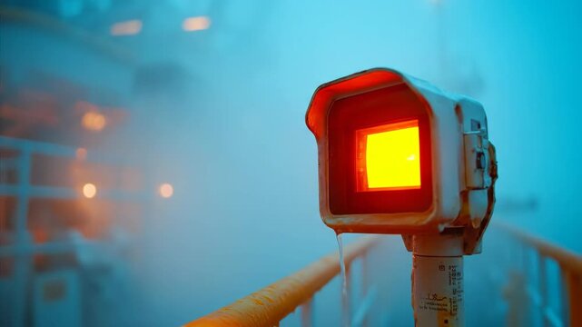 Vessel deck lamp emitting light in foggy weather. Nautical navigation light, safety equipment on ship at sea.