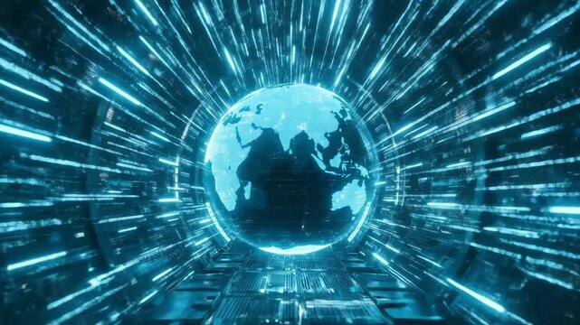 Digital earth globe rotating in hyper-speed tunnel. Global data communication and internet network technology concept for business.