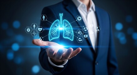 Professional holding digital holographic projection of human lungs surrounded by medical icons for health technology concept