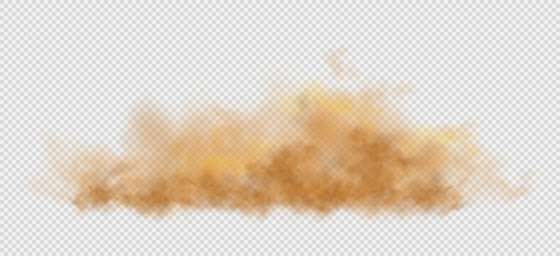 Dust, sand and smoke create a dense desert cloud with a strong dirt effect. Brown flying particles scatter in air forming a dusty background texture, abstract sandstorm overlay isolated on transparent