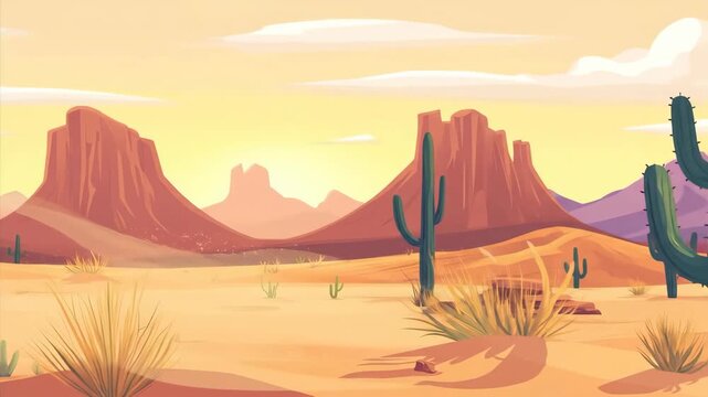Desert valley landscape with saguaro cactus and distant mountain in animated illustration. Wild west animated background.