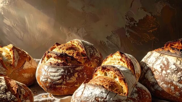 Artisan sourdough bread loaves arranged on a rustic linen cloth with textured background.