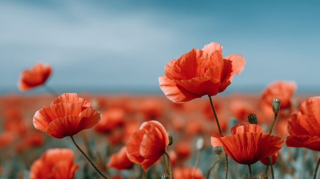 A field of red flowers with a blue sky in the background