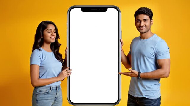 Young man and woman presenting large smartphone with blank white screen on yellow background for mobile app advertising marketing and digital promotion concepts