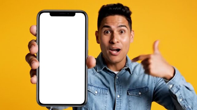 Excited young man holding smartphone with blank white screen and thumbs up gesture on yellow background for mobile app promotion and advertising concepts