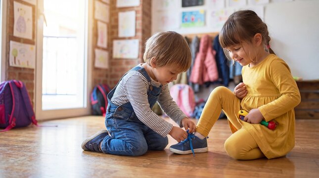 Adorable toddler boy helping friend tie shoelaces kindergarten classroom floor showing friendship kindness empathy early education concept social skills development
