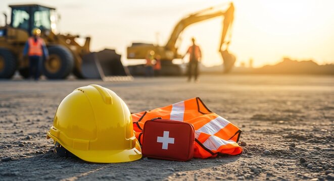 Yellow hard hat, safety vest, and first aid kit resting on a construction site at sunset