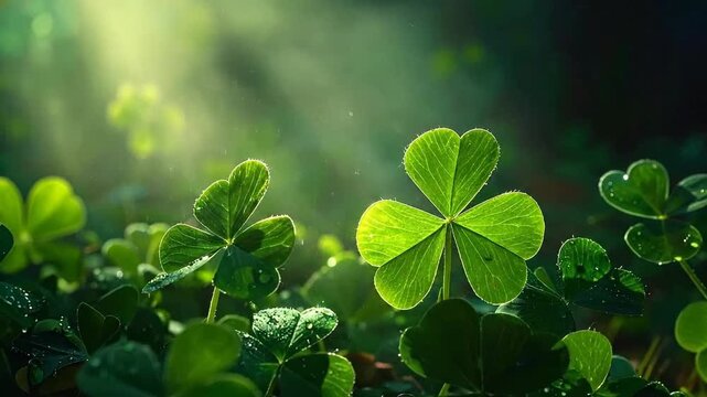 Lush green clover field with sunlight shining through, creating a magical atmosphere.
