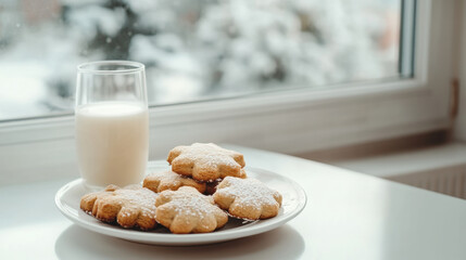 Plate of powdered sugar gingerbread cookies with glass of milk on white table near window with snowy background