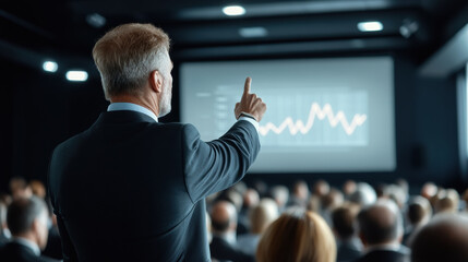 Businessman giving presentation using digital screen with graph in dark conference room, engaging audience attentively