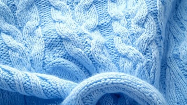 Close-up of a soft, light blue knitted wool fabric with intricate patterns.