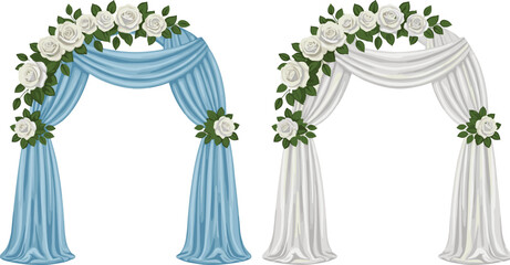 Wedding floral arch with draped fabric and white roses elegant ceremony decoration romantic event illustration set
