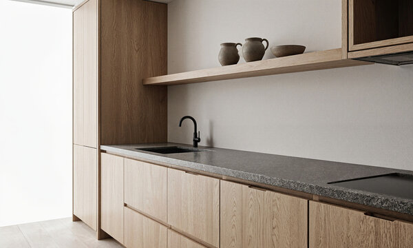 Japandi Kitchen Simplicity. A kitchen that perfectly captures the Japandi ethos of simplicity and natural materials. The cabinets are a