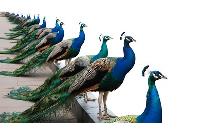 Fototapeta premium Line of vibrant peacocks standing on ledge with symmetrical posture and ornate tail feathers against white background