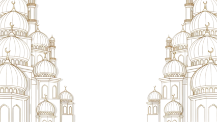 Detailed illustration of ornate mosque architecture with minarets on transparent background