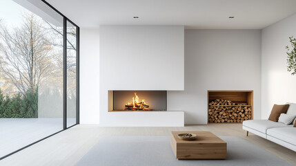 Minimalist living room with modern fireplace, wooden coffee table, white sofa, and large glass window showing outdoor trees in natural light