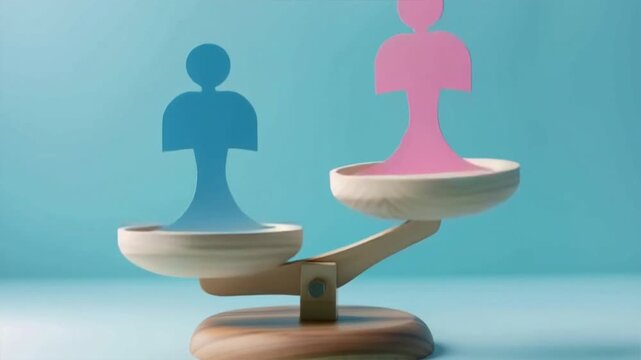 Representation of gender equality using a balance scale with colored figures, highlighting the importance of fairness.