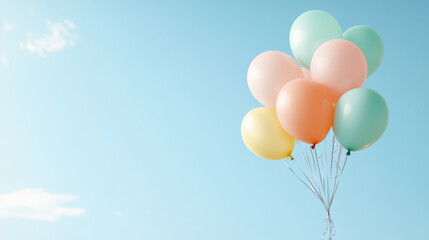 Fototapeta premium Bunch of colorful pastel balloons floating against bright blue sky with soft clouds creating cheerful and light atmosphere